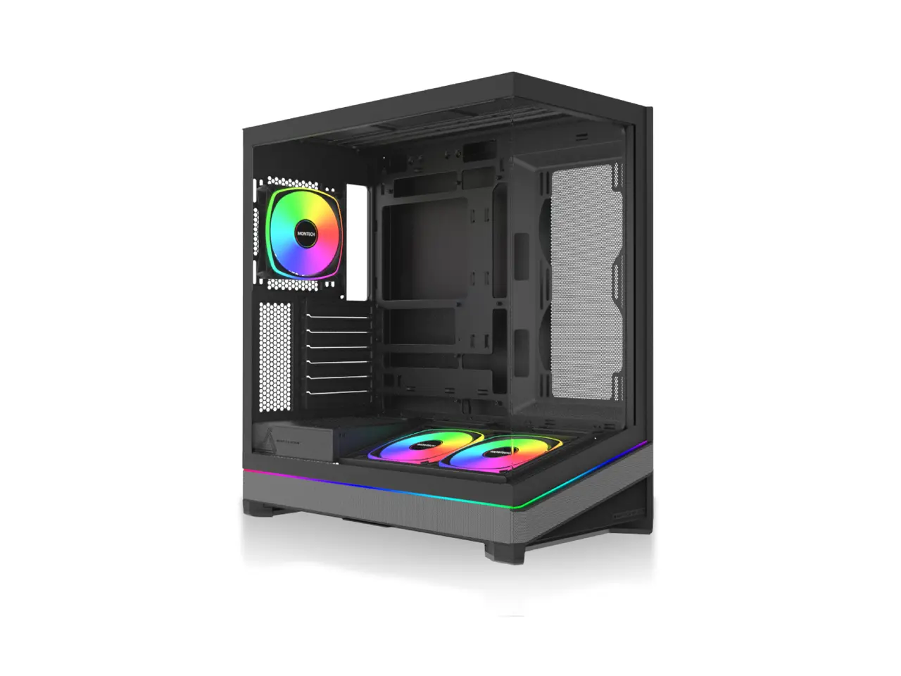 MONTECH SKY 3 ATX PC Case, Panoramic Glass, Adjustable Airflow, Personalized Design, 360mm Radiator Support, 3x120mm ARGB PWM Fans Pre-Installed, Compact Build for Next-Gen GPU, Black (SKY3B)