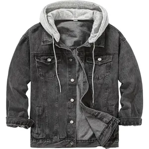 Distressed Denim Jacket Unisex Button Down Jean Coat Casual Long Sleeve Trucker Hooded Jackets Outwear