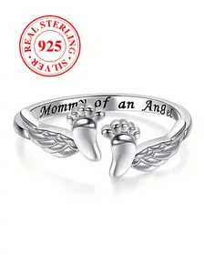 S925 Sterling Silver Angel Wing Design Ring, Footprint Ring, Maternity Ring, Fashion Rings, Fashion Jewelry Accessories for Women & Girls Mother’s Day Gift（with Box）