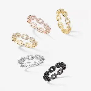 14K Gold Plated Moissanite Chain Ring, Waterproof Hip Hop Unisex Copper Band Ring, Shiny Sparkling Dainty Stackable Jewelry, Perfect Birthday Engagement Wedding Anniversary Party Gift for Men Women Couple