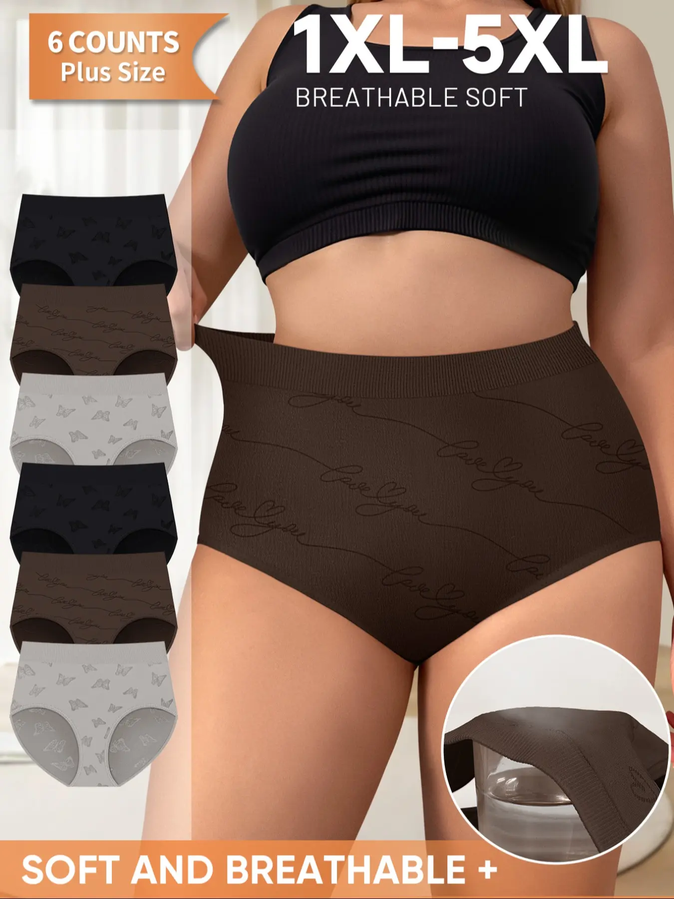 Morelect Plus Size Women's Underwear, Panties, 6-Pack, 1xl-5xl, High Waist Comfortable, Soft Breathable, Casual, Everyday, Multi-Color Butterflies Triangle Pants