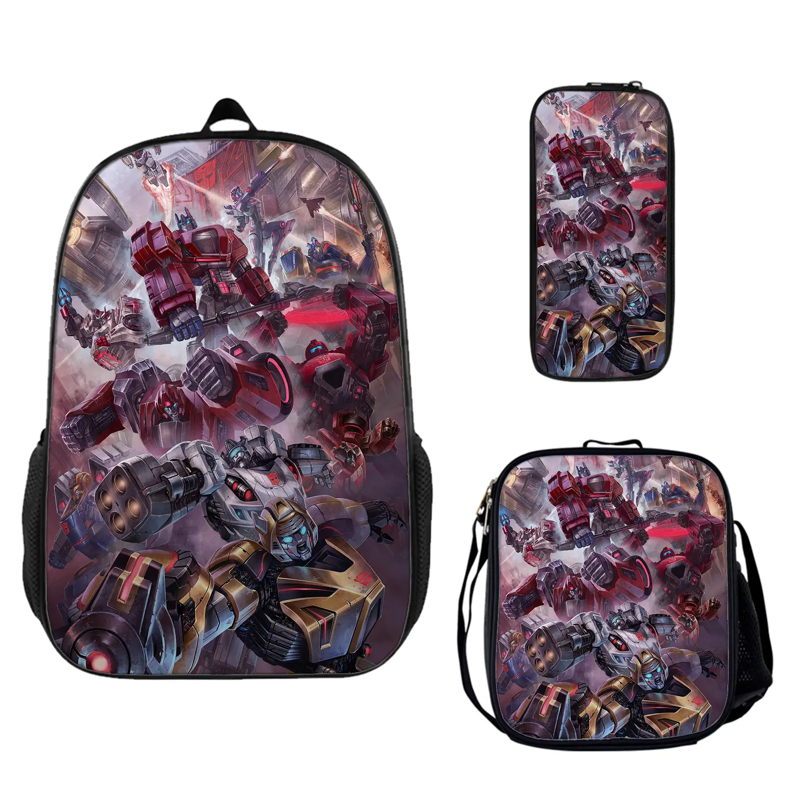 Transformers 3-Piece Oxford Fabric Large Capacity Backpack Set - HD Cartoon Prints, Heavy Duty Zips, Machine Washable School Pack, Insulated Lunch Box, Pencil Pouch, Lightweight One Size Back to School Haul Daily Use Bags Gift c-253 for Teen Fans