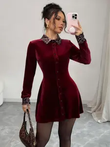 Elegant Leopard Print Velvet Long Sleeve Dress, Slim Fit Women's Clothing for Autumn Winter, Romantic Simple Style Ladies' Fashion, Womenswear