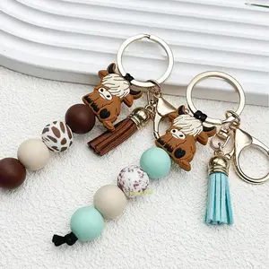 Cute Highland Cow Silicone Beaded Keychain with Tassel, Cartoon Punk Animal Theme Design, Lobster Clasp Anti-Lost Chain, Stylish Decor for Car Key Backpack, Perfect Gift for Friends Summer Vibes
