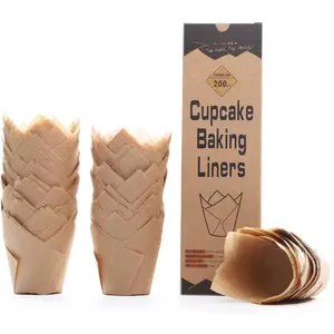 200pcs Natural Tulip Cupcake Liners for Baking Cups Unbleached European Parchment paper Tulip Muffin Liners, Cupcake Wrapper for Party, Christmas