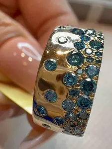14K Gold Wide Band Pavé Ring with Natural Blue & White Diamonds – Luxury Statement Ring, Size 7
