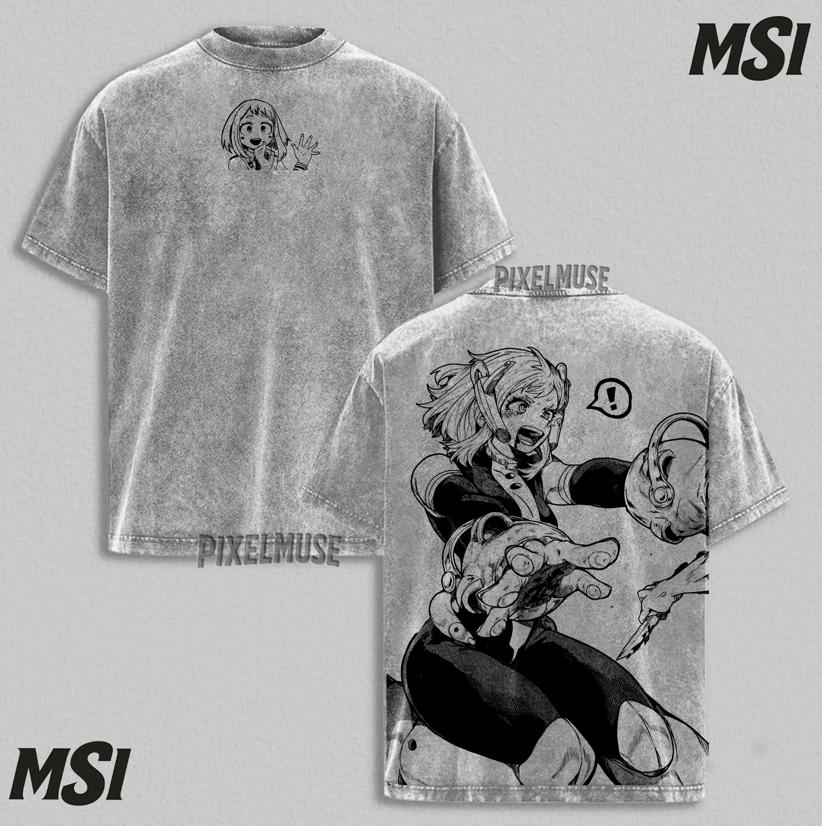 Uraraka Ochako MHA T-Shirt | Action Pose Battle Suit Acid Washed Oversized Tee, Retro Manga Heroine Sketch Bootleg Style, Heavyweight Gray Fandom.