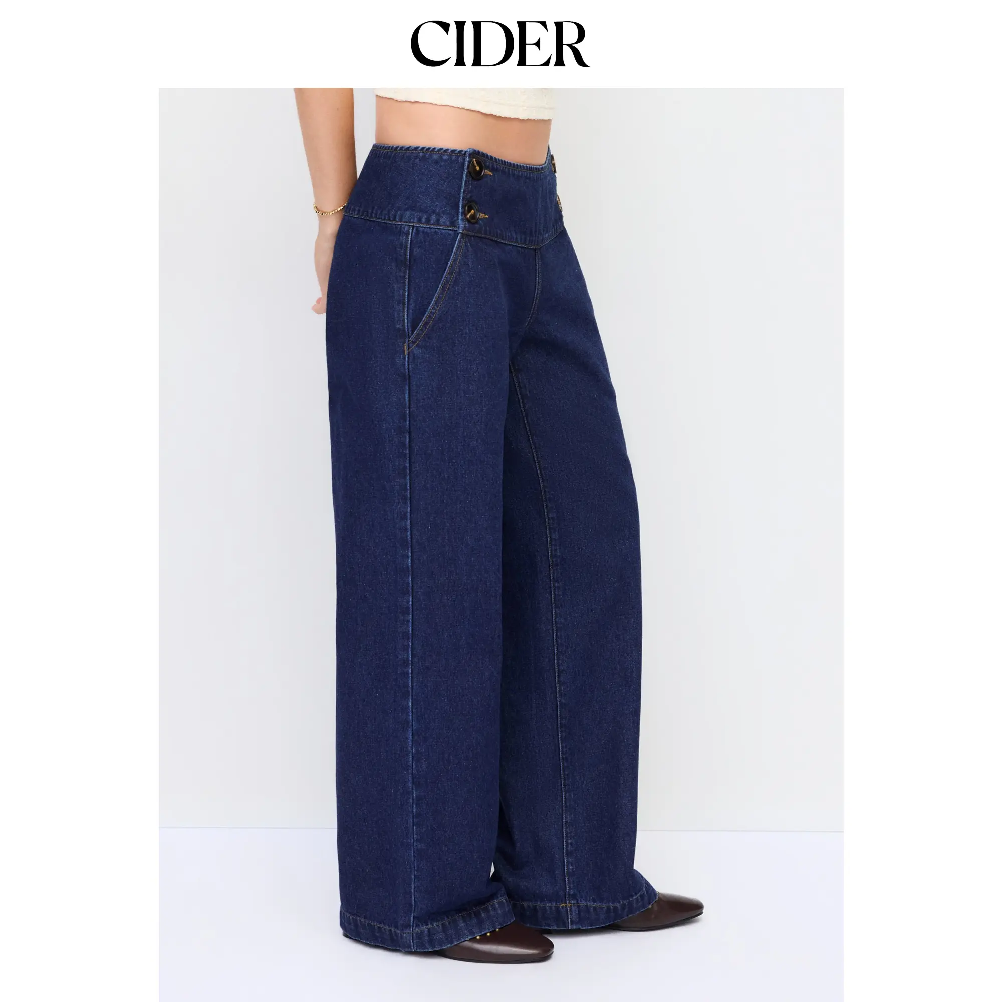 Cider Women's Denim Blend Low-Rise Wide-Leg Jeans, Washed Look, Button Detail, Regular Fit Bottoms Trousers