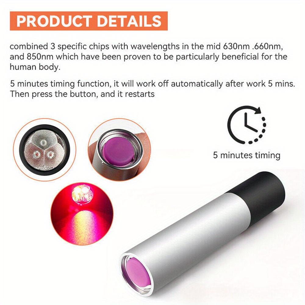 3-LED Rechargeable Flashlight 630nm 660nm 850nm for Knee Shoulder and Facial Skin Spots Red Light Therapy Wand for Pain Relief and Daily Wellness