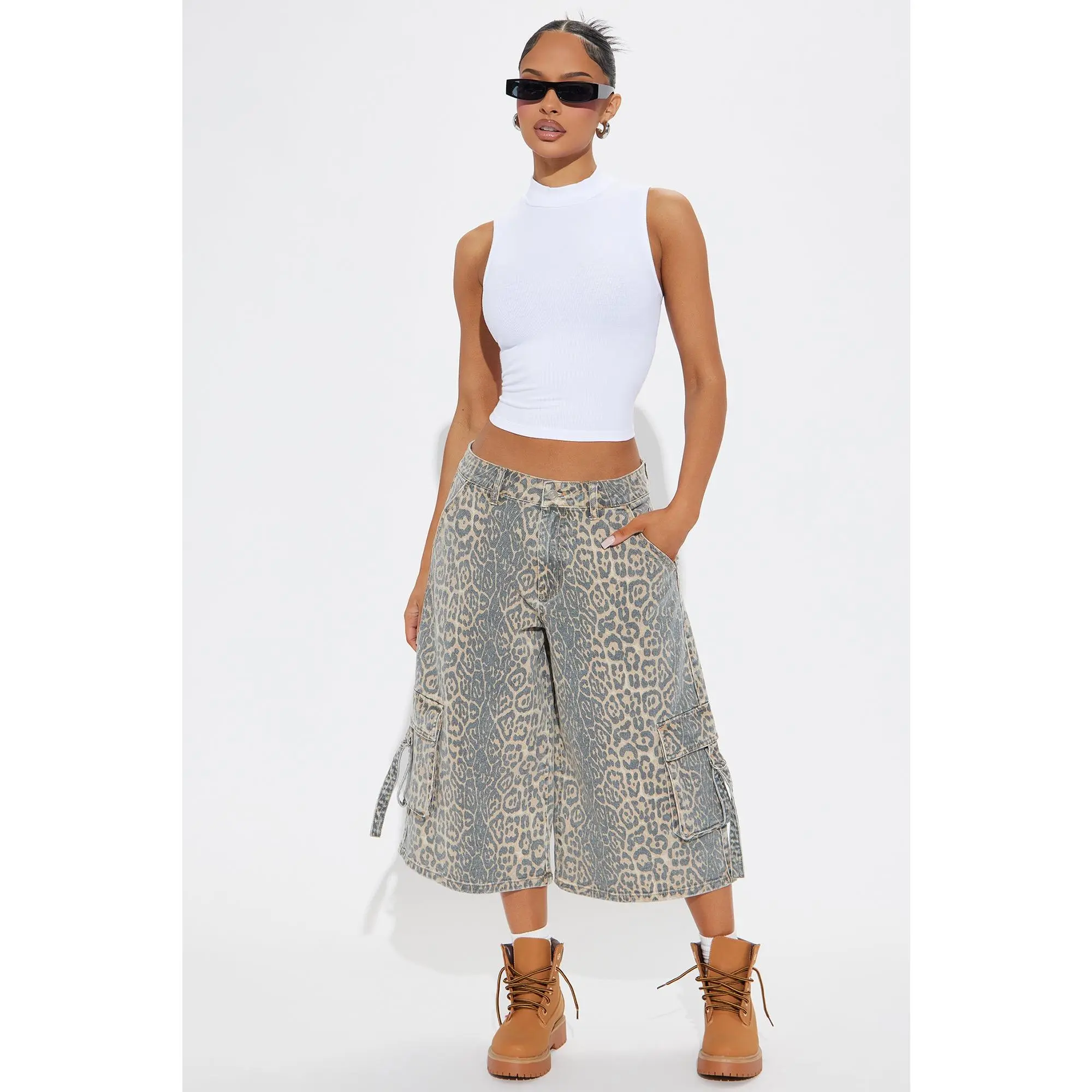 Getting Wild Animal Print Cargo Denim Jorts - Brown Combo