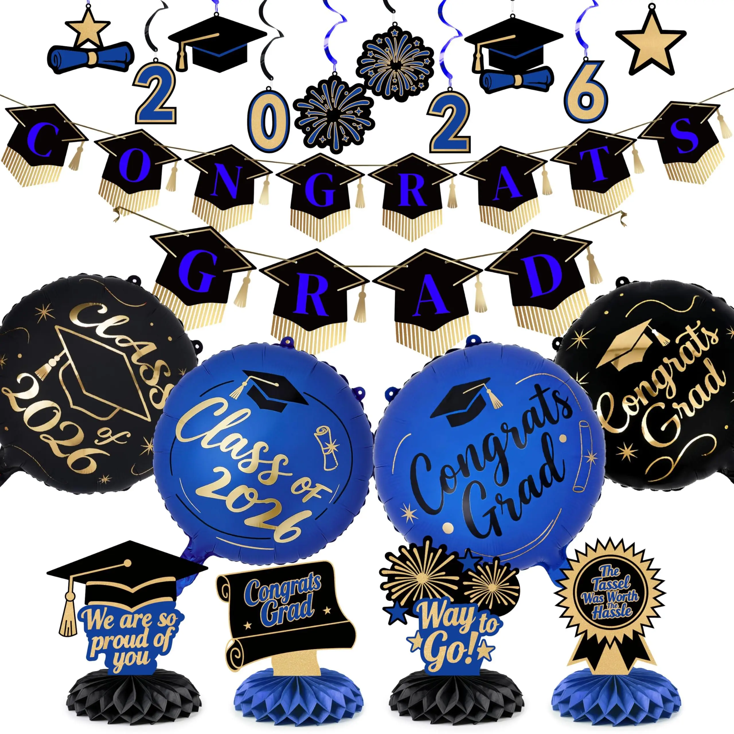 PartyWoo 2026 Graduation Decorations Kit, Class of 2026 Black-Gold-Blue 19pcs Grad Party Set with Congrats Banner, Hanging Swirls, Foil Balloons, Grad Cap Centerpieces, Festive Supplies, Graduation Decorations 2026