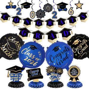 PartyWoo Graduation Decorations Class of 2026 Black Gold Blue 19pcs Grad Party Supplies with Congrats 2026 Grad Banner Hanging Swirls Foil Balloons Graduation Cap Centerpieces Party Decorations