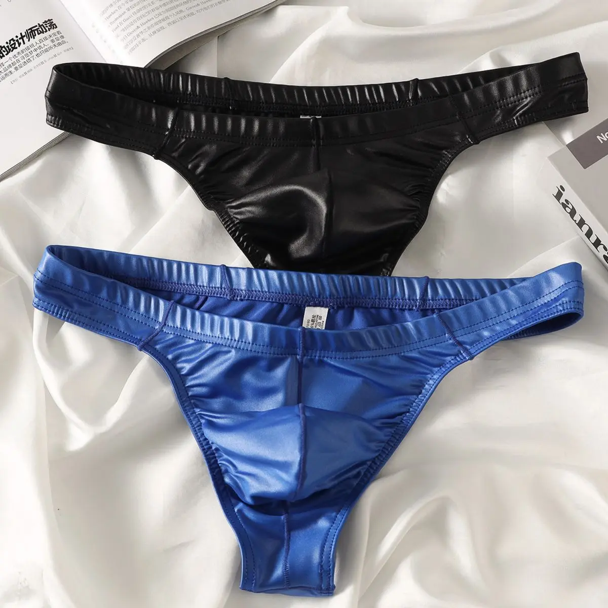 Men's Mid-Waist Faux Leather Plain Thongs - Breathable Menswear Underwear with Polyester-Viscose Fabric, Simple and Chic Design