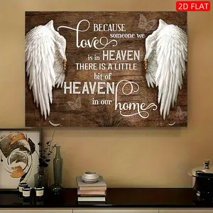 1 Piece Angel Wings Wall Art Canvas Print - Heavenly Love Quote "Because Love is Our Heavenly Home" - Framed Canvas with Rustic Brown Background - Living Room, Bedroom, Bathroom Home Decor - Commemorative Wedding Gift - Hangable Angel Wings Decoration, 2D