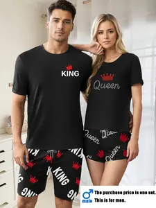 Men & Women Valentine's Day Couple Style King Queen Letter Print Fitted Short Sleeve Shorts Set, Casual Home Wear, All Seasons