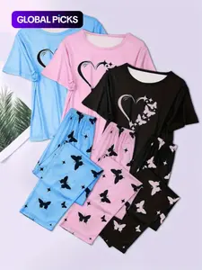 6-Piece Heart Butterfly Print Pajama Set, Short Sleeve Round Neck Top and Elastic Waist Pants, Women's Sleepwear and Casual Wear, All Seasons