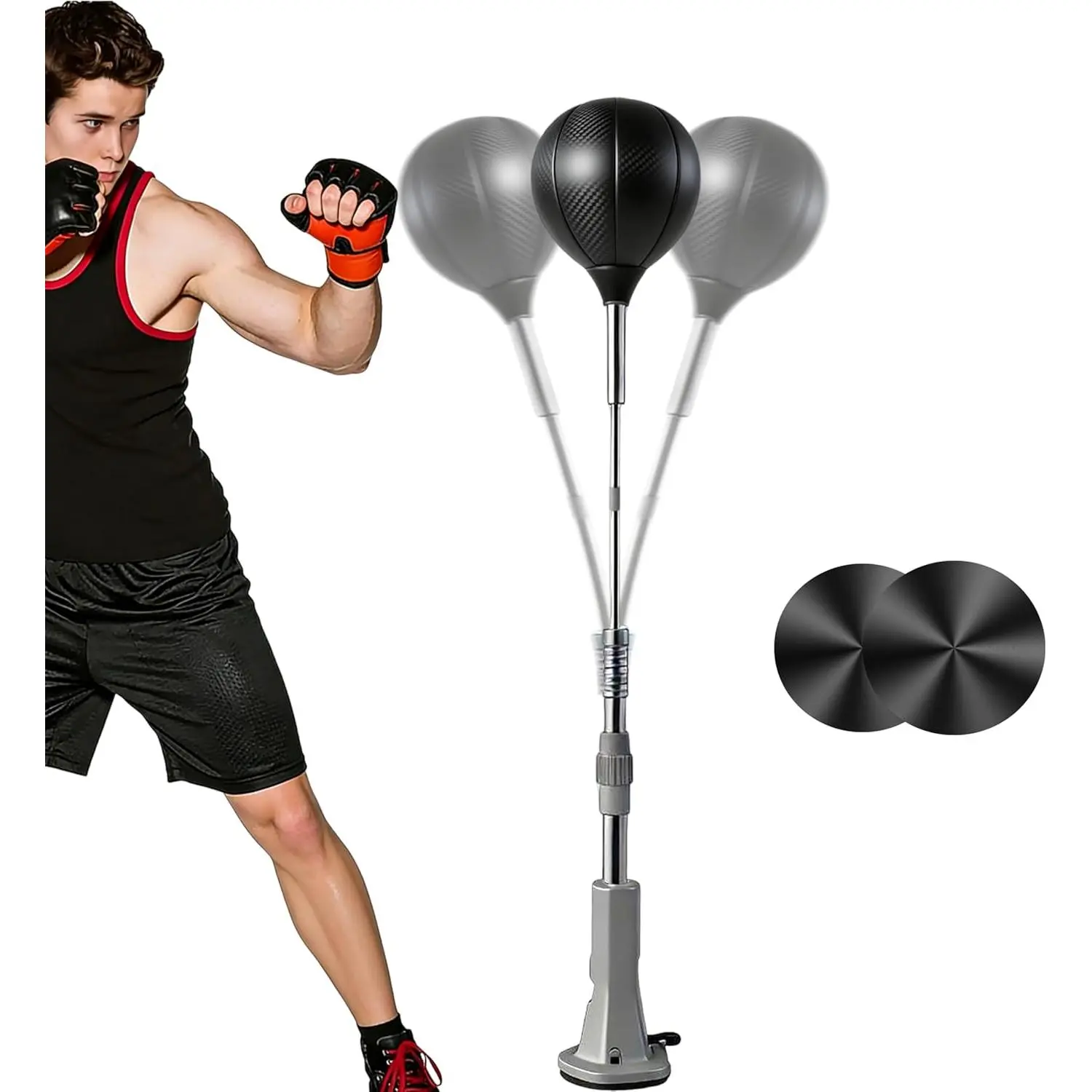 Punching Bag with Stand(2Black Rubber Mat) - One-Touch Suction Attachment,Height Adjustable,Speed Bag for, Boxing Equipment, Boxing Bag for Teens & Adults