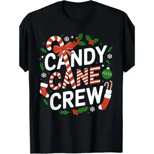 Menswear Short Sleeve Round Neck Top - "Candy Cane Crew" Christmas Graphic Tee, Soft Fabric, Festive Peppermint Stripes, Holiday Decor Elements, Streetwear Style, Ideal for Group Gatherings, Gift for Christmas Enthusiasts