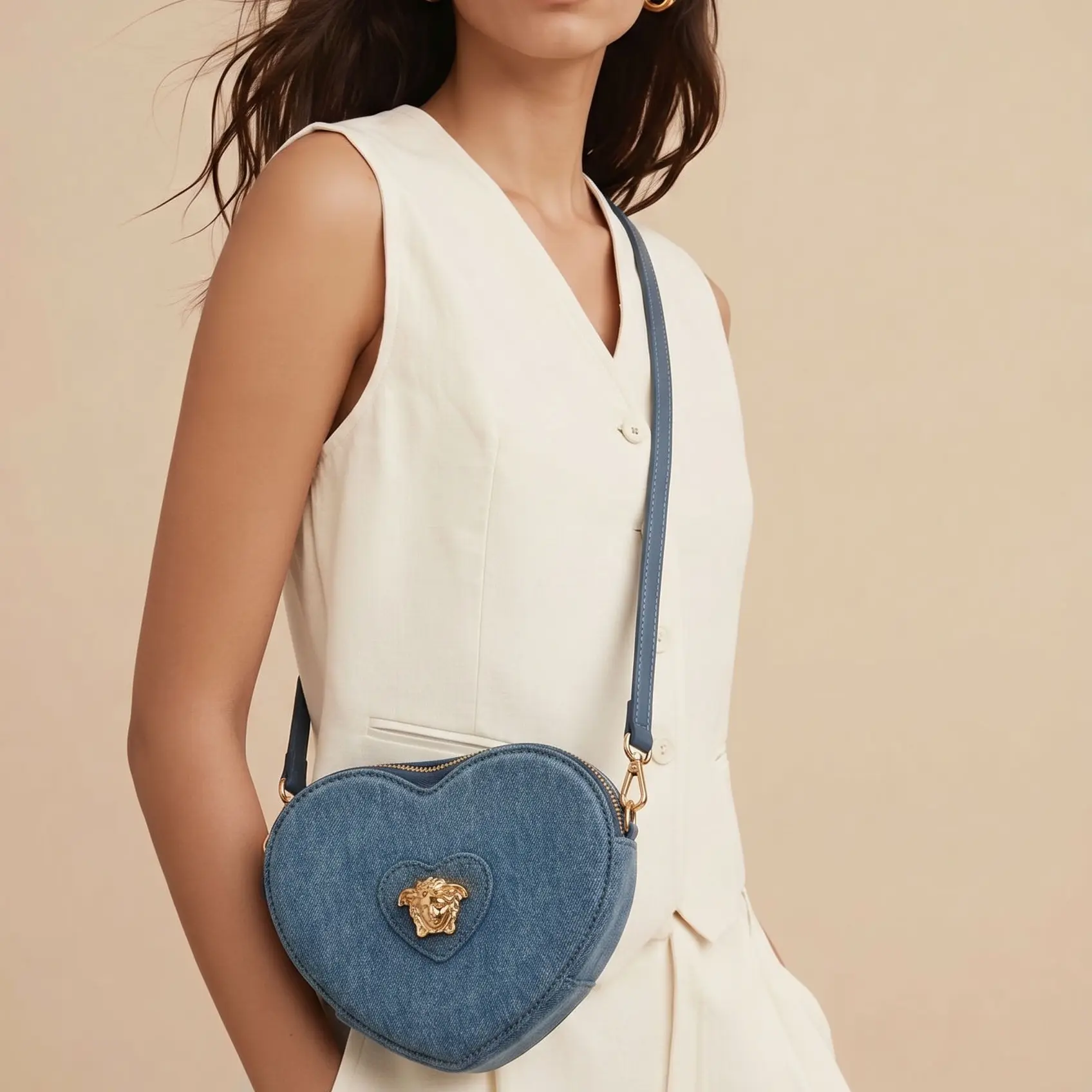 Pre-owned VERSACE Denim Crossbody Bags La Medusa Heart Shaped Crossbody Bag