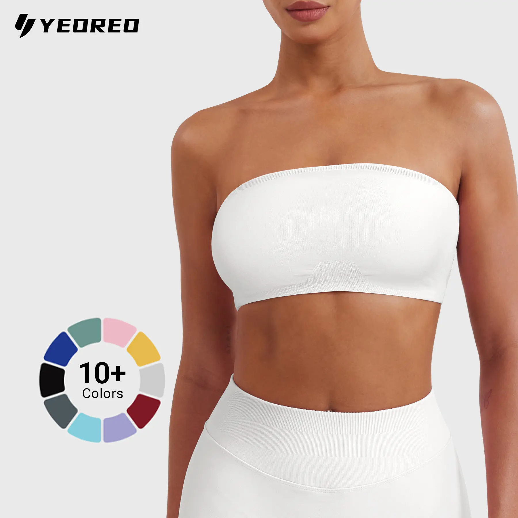 YEOREO Women's Twill Strapless Workout Sports Bra - Seamless Padded Wireless Ribbed Texture Upperburst, Silicone Strip Edge Grip Universal Tube Top for Womens Fitness, Gym Wear, Strapless Bras, Low-Impact Exercise, High Stretch, Breathable Workout Bra