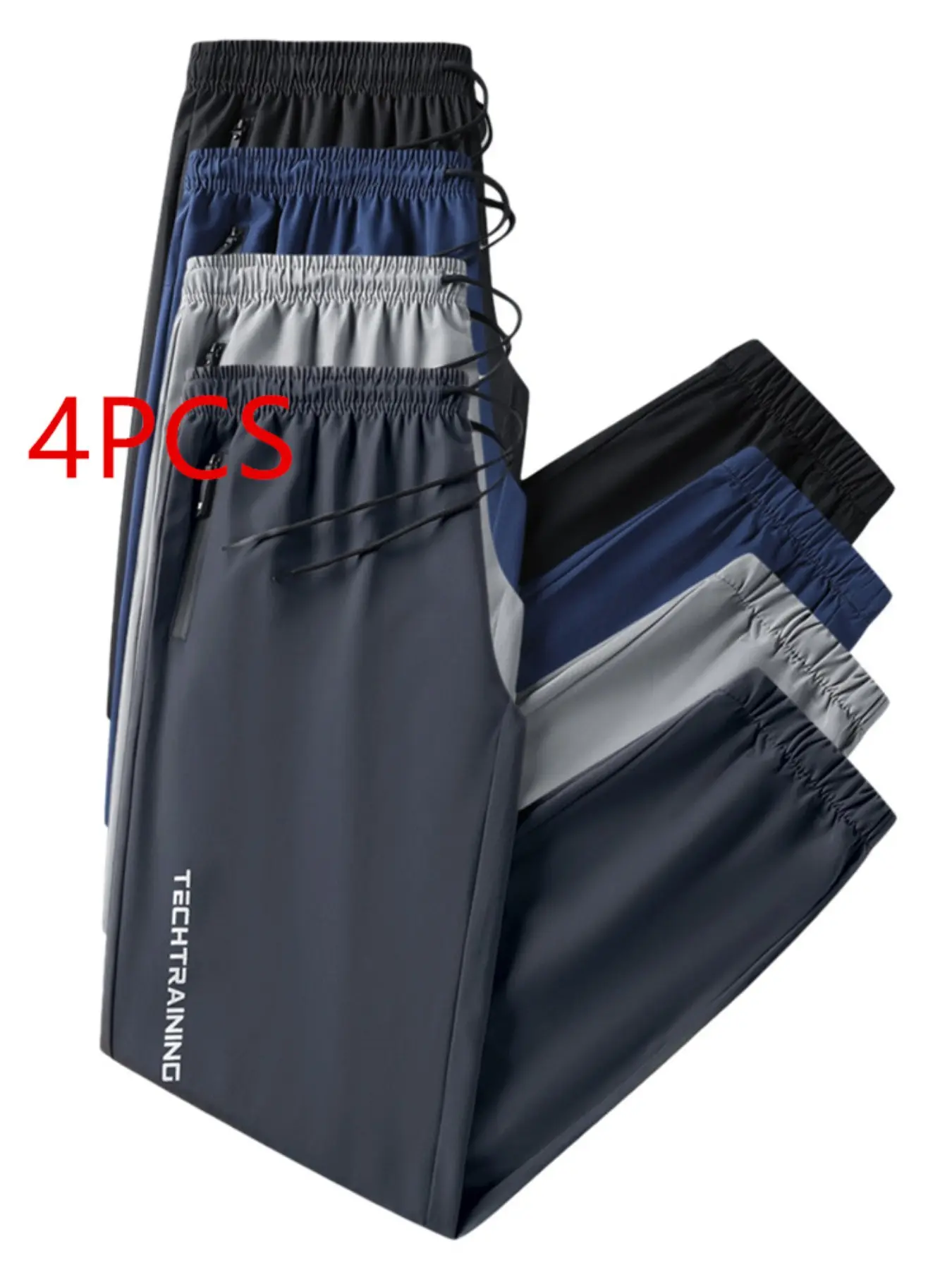 4-Pack Men's Quick-Dry Sports Pants, Reflective Print, Lightweight Breathable Jogging Pants, Fitted Jogging Pants, Zip Pockets, Ideal for Running, Athletic Running Pants, Activewear Bottoms