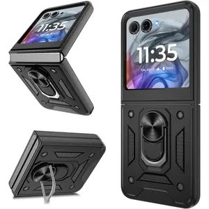 Heavy Duty Shockproof Cases for Samsung Galaxy Z Fold 3/4/5/6/7, Z Flip 3/4/5/6/7 & Motorola Razr 40/40 Ultra/50/50 Ultra/60 Ultra – With Metal Stand/Kickstand, Slide Camera Cover [Military Grade Drop Tested] Phone Protector Black