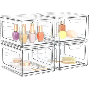 4 Pack Stackable Plastic Makeup Organizer Drawers, Acrylic Organizers, Clear Storage Bins with Pull-Out Handles for Vanity, Kitchen Cabinets, Pantry