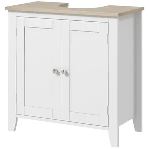 White Bathroom Floor Cabinet Under Sink Pedestal Storage with U Shape Cutout and Adjustable Shelf Double Door Keeps Supplies Dry Sturdy MDF Frame Holds 66 LBS Perfect for Towels Toiletries Cleaning Supplies Small Powder Room Apartment Bathroom