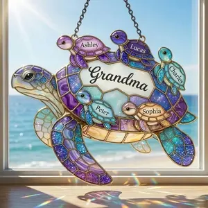 Personalized Sea Turtle Family Suncatcher, Custom Grandma Turtle Acrylic Window Art, Faux Stained Glass Ocean Decor, Mother's Day Gift