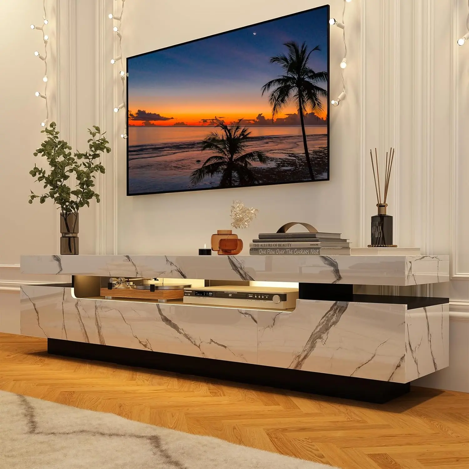 70IN/82.7IN White TV Stand for 75/80/85/90 inch TV,Modern LED TV Stand for Living Room,High Gloss Entertainment Center with Storage Drawer,APP RGB Light,TV Console,Television Stands (Marbling/Black)