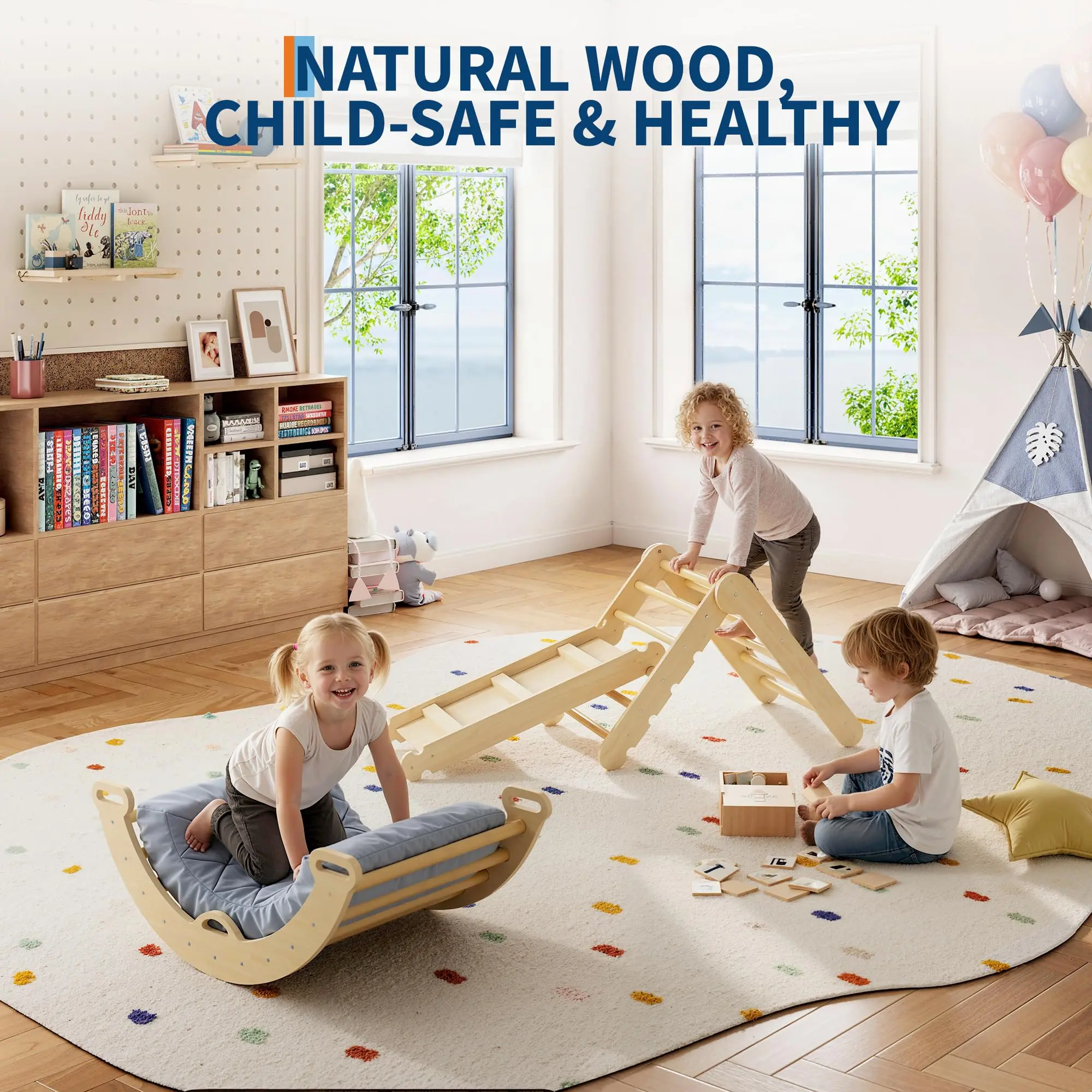 7-in-1 Unisex Educational Wooden Climbing Frame Triangle Set for 3-4 Years Toddlers - Collapsible Triangle, Arch, Ramp, Ladder - Indoor Baby Gym Equipment for Playrooms, Natural Wood, CPC Certified, Strengthen Muscles