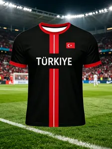 Turkish Fan T-Shirt, Men's Round Neck Sporty Football Jersey, Casual Training Top, Athletic Top, Jersey Tee, Short Sleeve, All over Print, Fitted