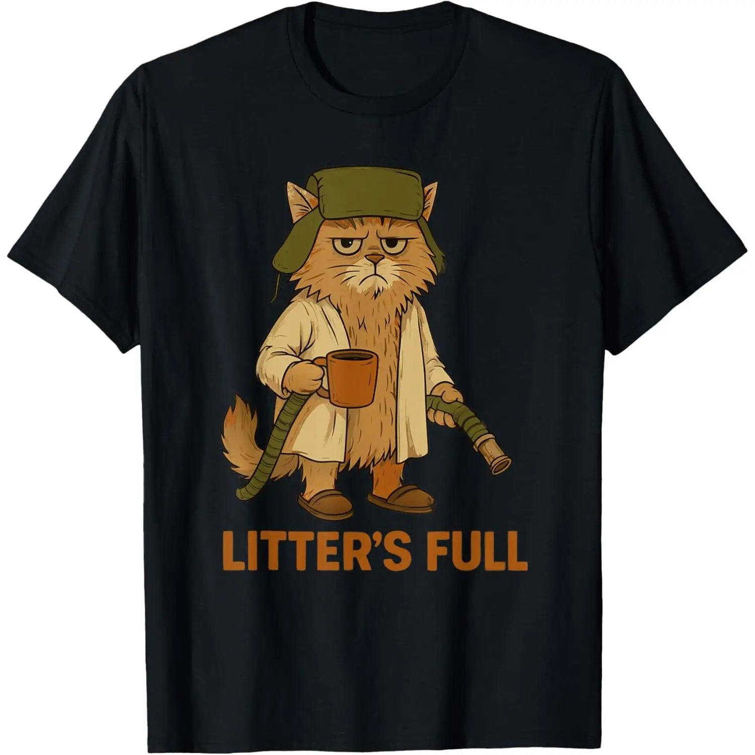 Unisex "Litter's Full" Funny Cat Lovers Graphic Tee - Christmas Vacation Movie Parody, Cousin Eddie Robe Trapper Hat Gag Gift, S, 2XL, 3XL, 4XL, 5XL Sports Top for Men Women