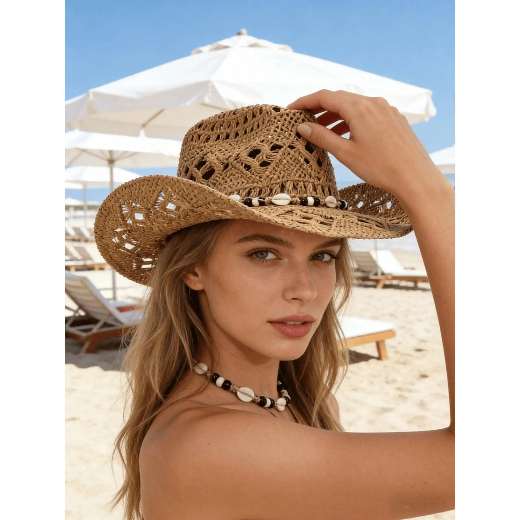DealsForYouDays 1pc Boho Shell Hollow Out Straw Sun Hat, Western Cowgirl Beach Hat, Suitable For Mother's Day, Easter, Vacation, Photo Shoot,clothes for back to school,first day of school outfits