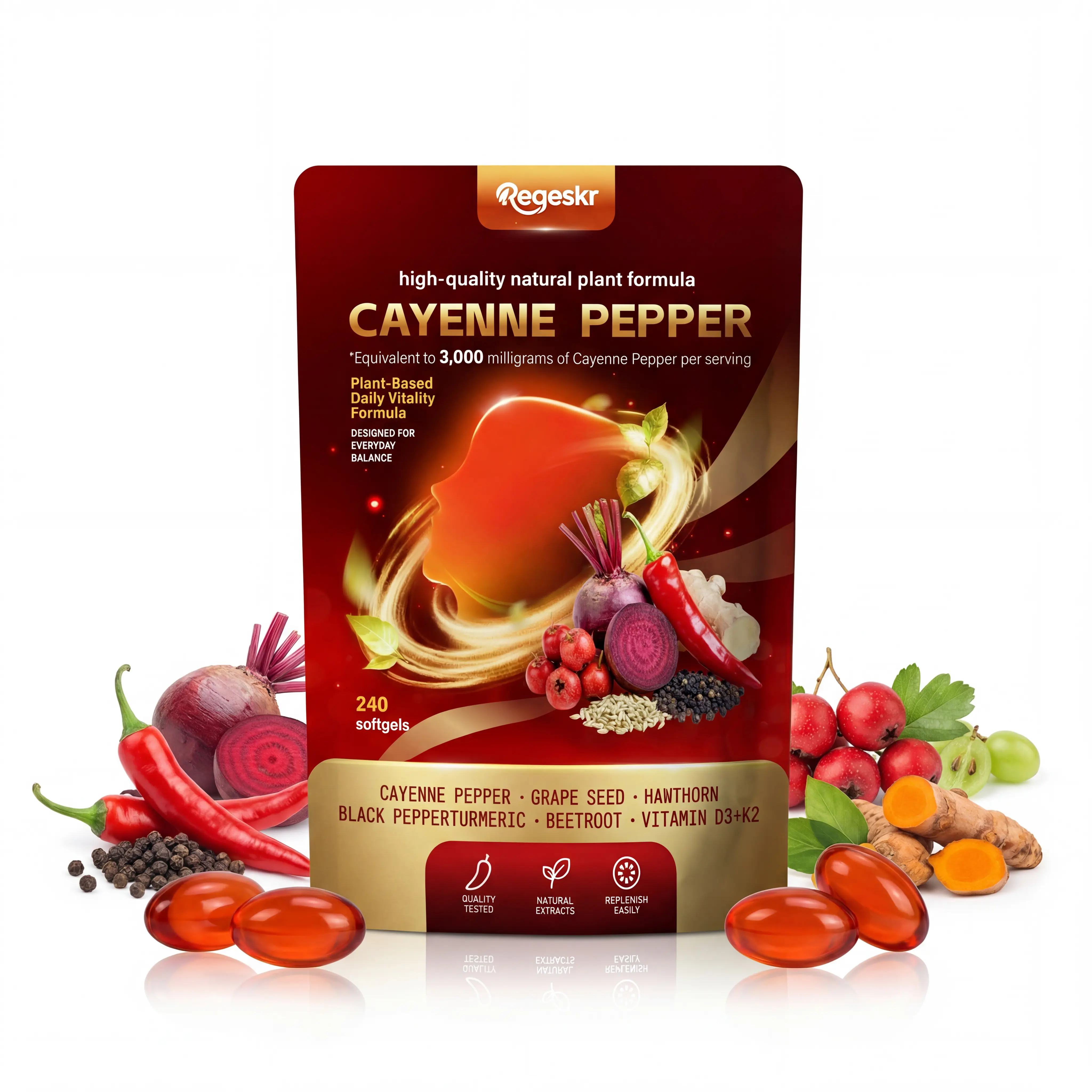 Regeskr Cayenne Pepper Softgel Capsules – Herbal Wellness Formula with Vitamins E, D3 & K2, Grape Seed, Hawthorn & Beetroot Extract (240 Softgels / 1 Pouch)