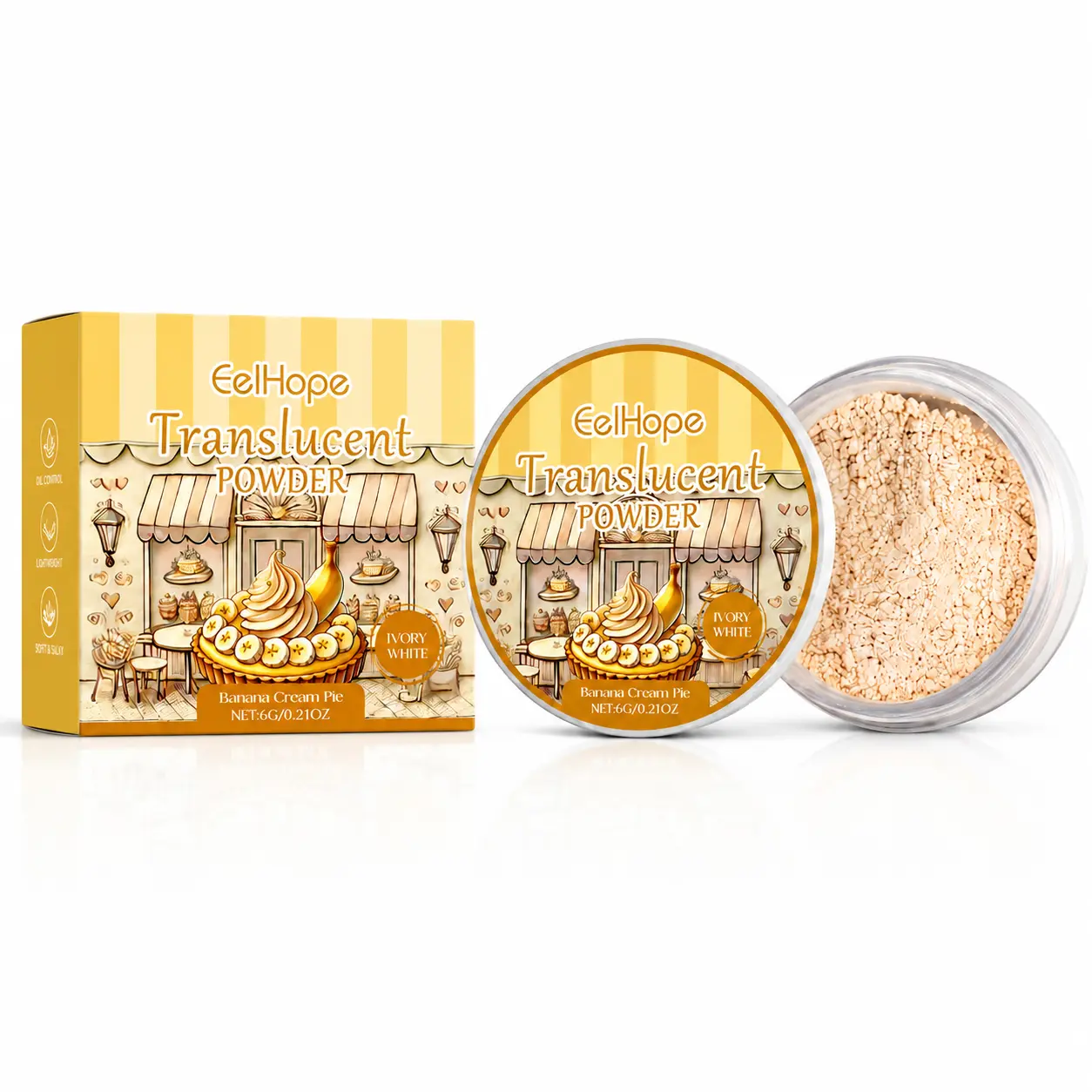 Ivory White Translucent Vanilla Flawless Baked Blurring Finishing Powder, Matte Banana Cream Pie Loose Powder, Oil Control Waterproof Long-Wear Face Makeup