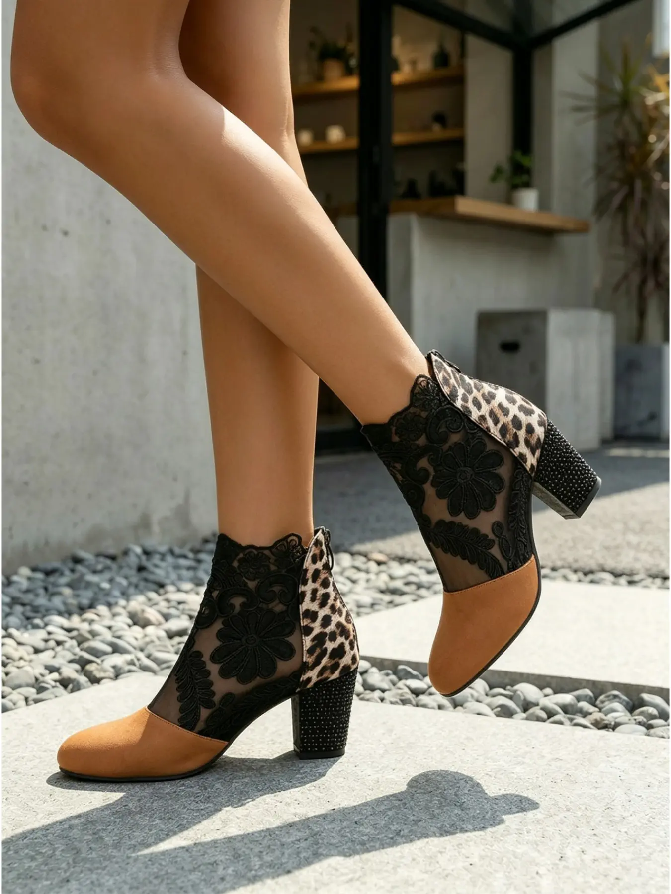 Summer New Lace Mesh Heeled Sandals, Breathable Hollow Out Fairy Style, Versatile Slimming Short Boots, Fashion PU Leather
