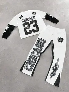 Two-Piece Colorblock Graphic Long Sleeve T-Shirt Bell Bottom High Waist Pants Set, Casual Fashion Trendy Unique School Youth Y2K Vintage Style Aesthetic Outfit