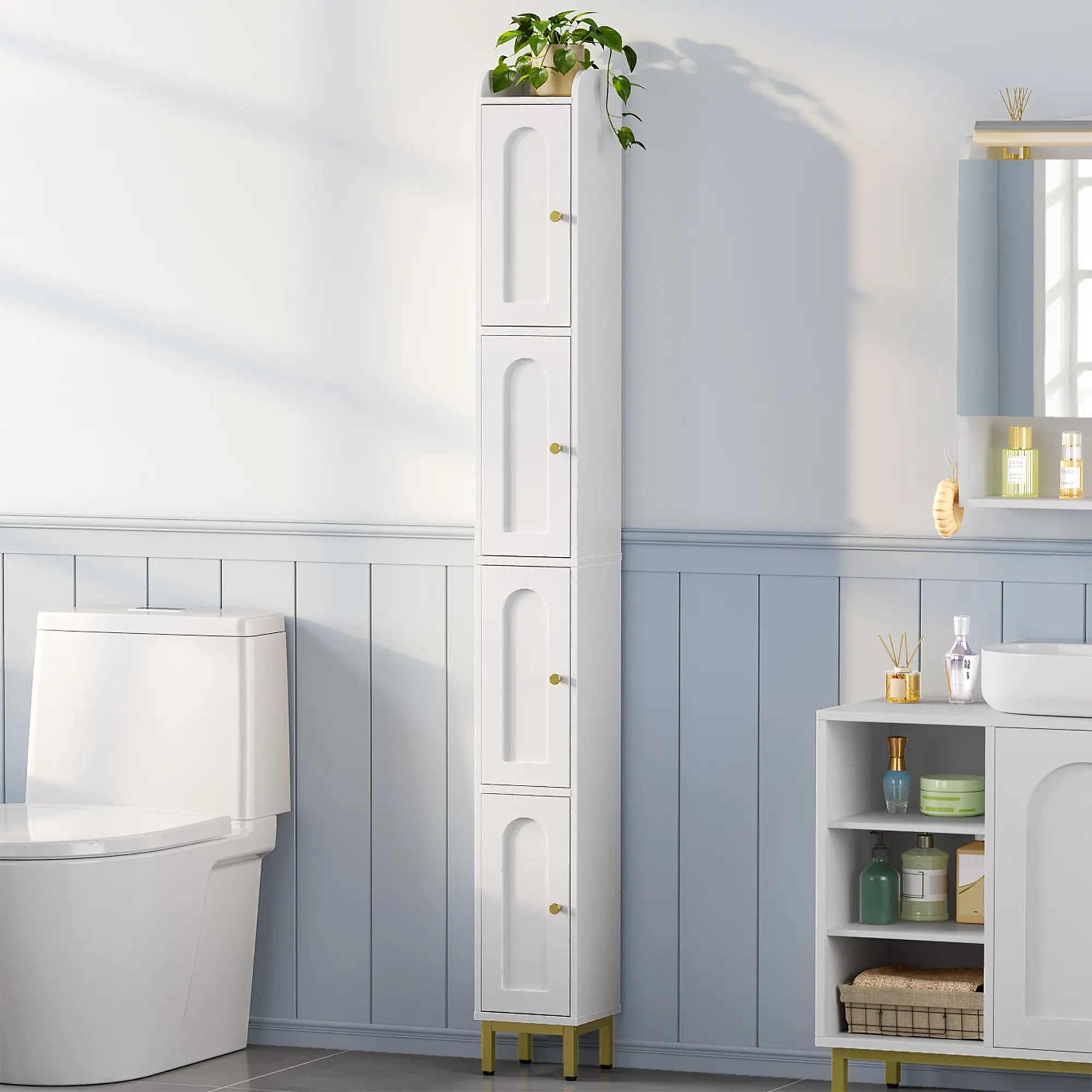 Hzuaneri 4-Tier Narrow Tall Storage Cabinet, Slim Bathroom Storage Cabinet with 4 Adjustable Feet and Shelves, Bathroom Organization for Small Space, Kitchen, Living Room, Laundry Room