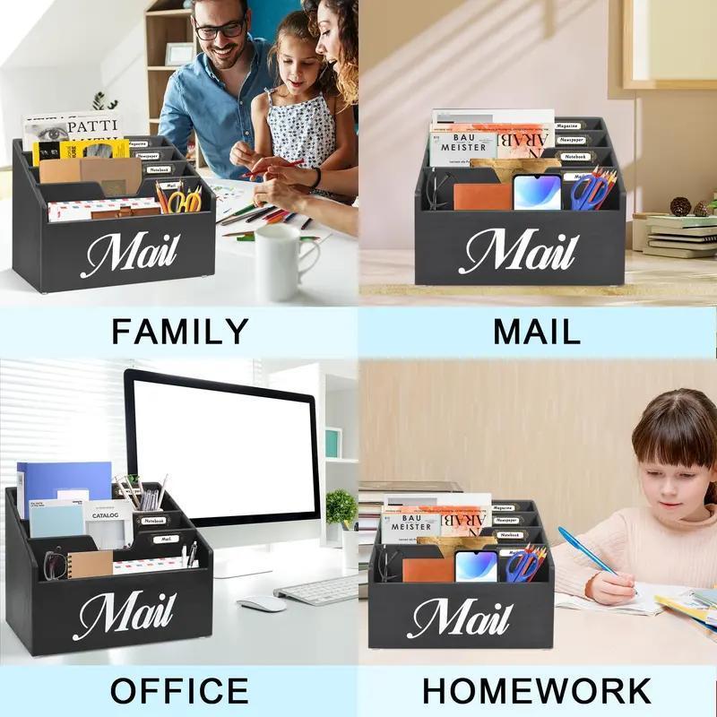 Mail Organizer Countertop, Mail Holder with 4 Slots, Mail Sorter for Desk, Wooden Office Desk Organizer, Mail Organizer for Magazines, Files, Papers, Folders, Rustic White and Black Free Gift