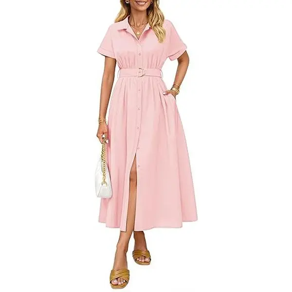 ZESICA Women's 2026 Summer Short-Sleeve Button-Down Midi A-Line Dress, Business Casual Belted Shirt Dress with Pockets