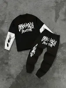 Cyber Y2K Gothic Graphic 2-Piece Set: Unisex Oversized Layered Long Sleeve Tee & Flame Sweatpants - Essential High Street Aesthetic & Dark Grunge Streetwear.