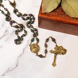 Collector's Edition St. Jude Rosary, Handmade in Italy with Antique Gold Medals and Colorful Glass Beads