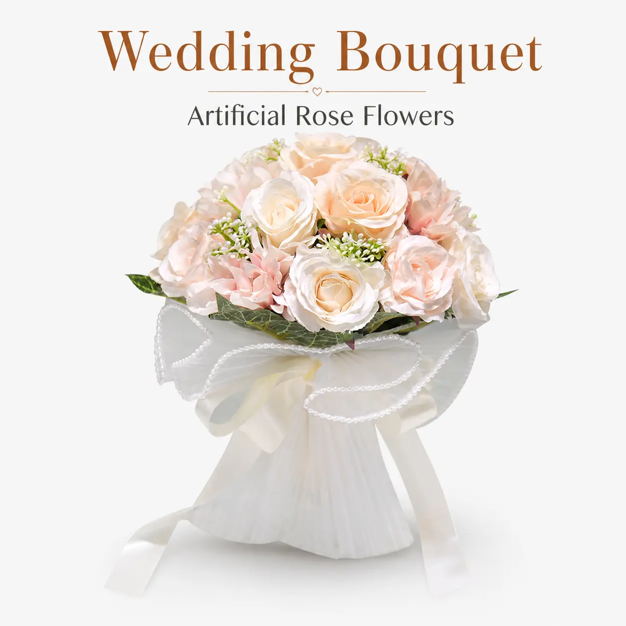 Silk Faux Rose Bridal Hand Bouquet, Bridesmaid Floral Arrangement with Pearl-Edged Organza Bow & Mixed Filler Blooms, Outdoor Wedding Ceremony Photo Prop, Decorative Bridal Shower Accent, Table