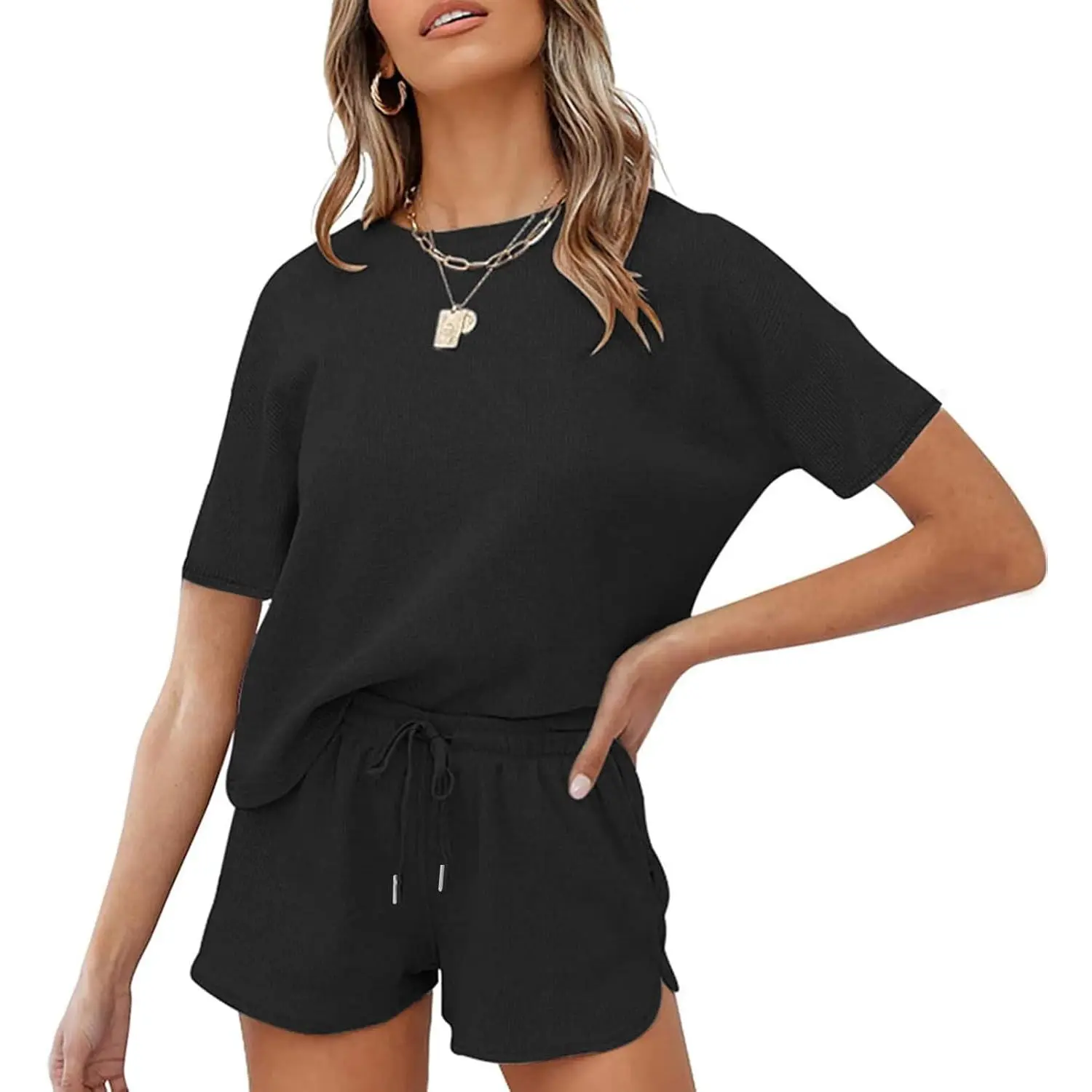 Women's 2-Piece Short Sleeve Waffle Pajama Set - Casual Lounge Top & Shorts, Comfortable Sleepwear Loungewear Outfits, Shortsleeve, Basic, Minimalist, Pyjamas, 2 Piece Set, Waffle Knit