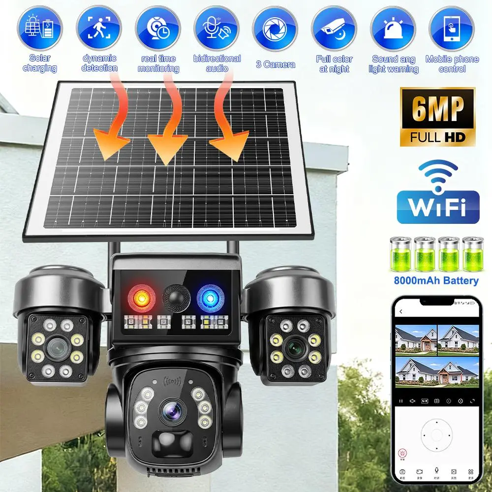 【DealsForYouDays】QD5 Outdoor Solar Security Camera, 6MP Triple Lens Wireless Outdoor CCTV with PTZ Auto Tracking, PIR Human Detection, Full Color Night Vision, 8000mAh Battery for Home Garden Farm Surveillance