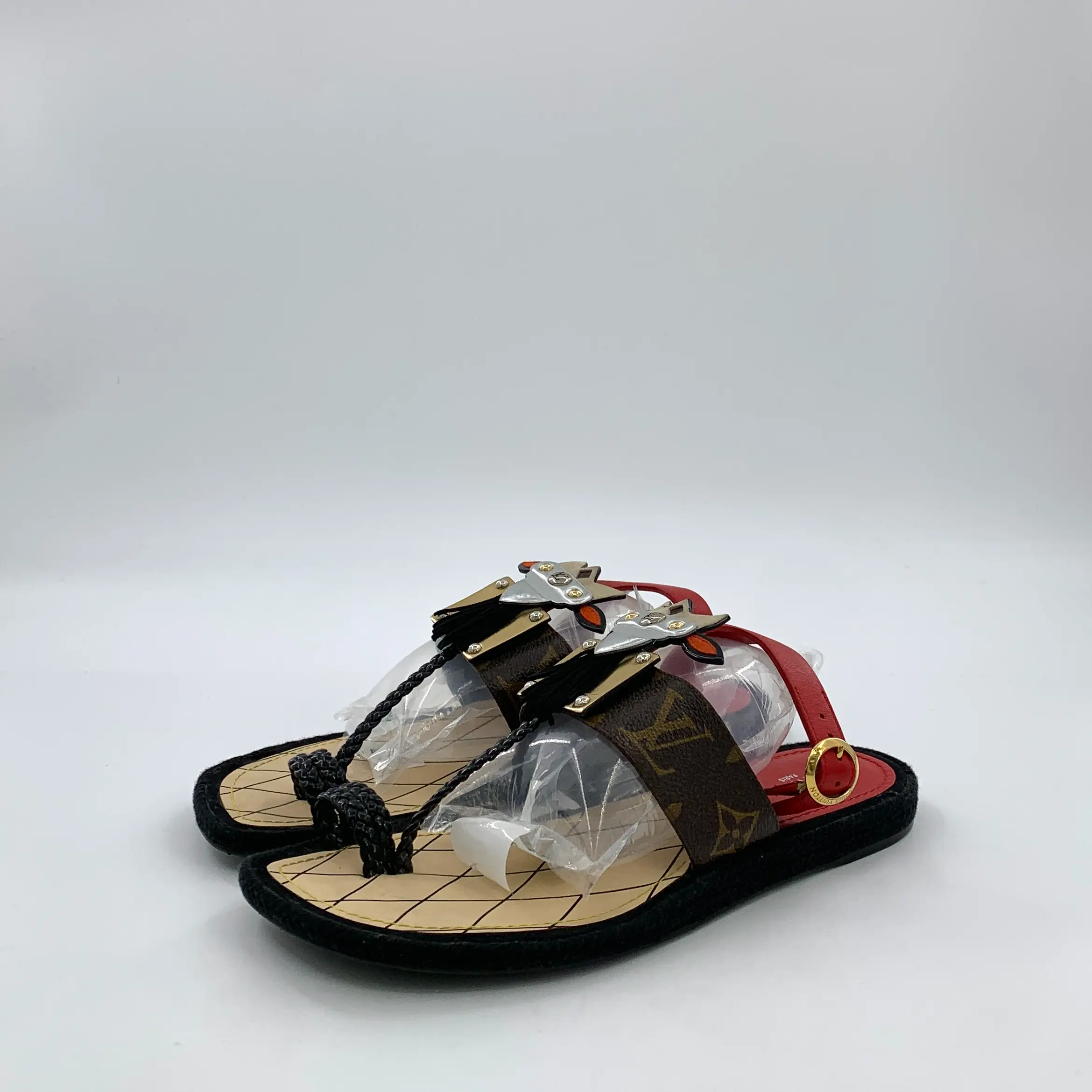 RDLT-Louis Vuitton Dark Brown Monogram One-Strap Buckle Thong Flat Sandals Size 38-X37343
