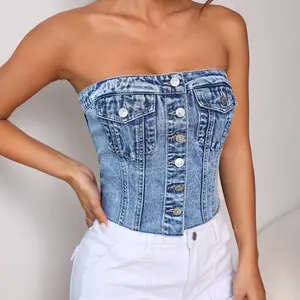 Strapless Sleeveless Front Pocket Button Down Denim Tube Top