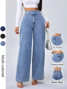 Women's Vintage Elegant High Waist Wide Leg Jeans, Button Front Elastic Waist Loose Fit, Casual Fashion Pants for All Seasons, Womenswear