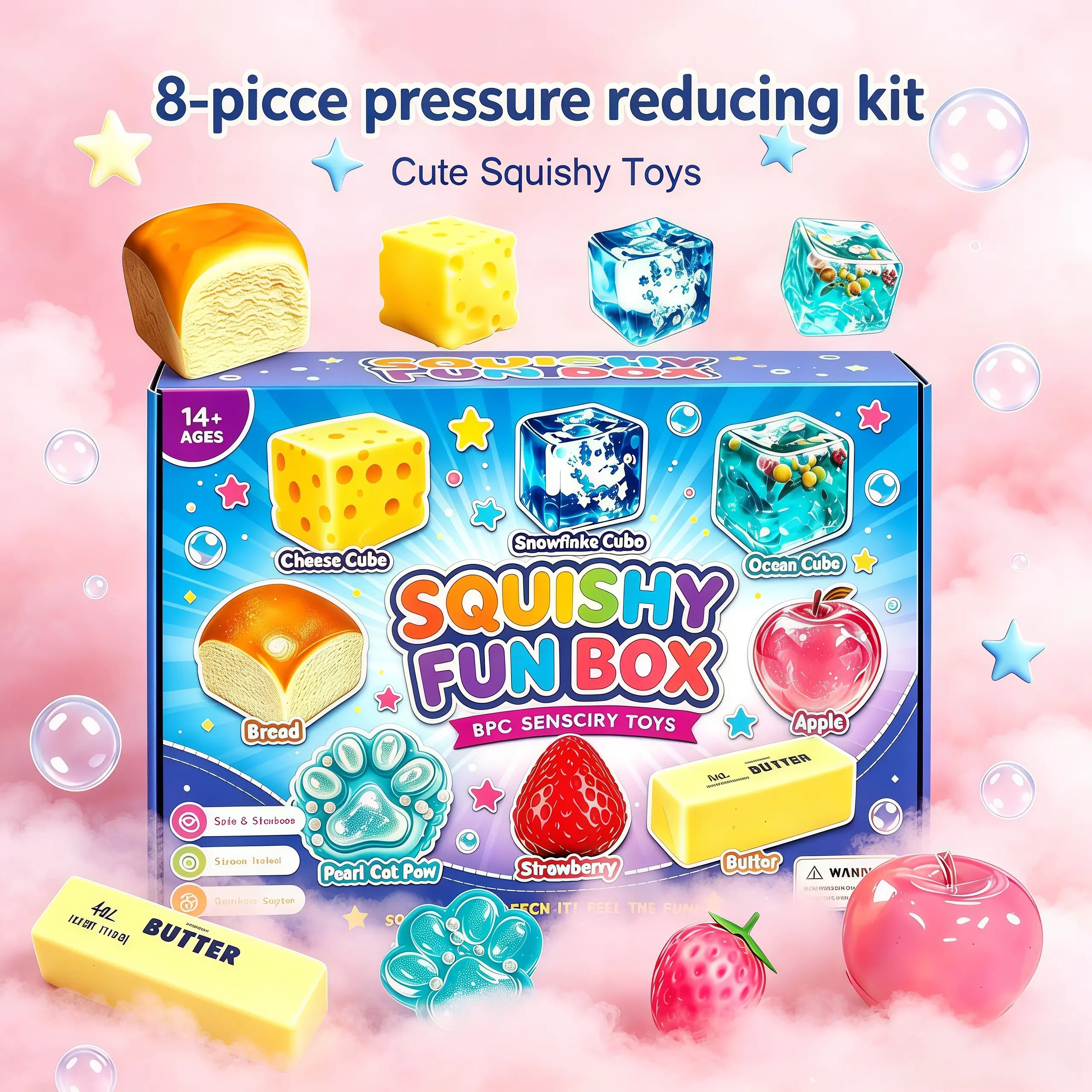8-Piece Set Box Malt Sugar Stress Relief Fidget Toys, Sensory Bundle, Creative Slow-Return Squishy, Party Gift, 8 Different Styles,Squishy Fun Set